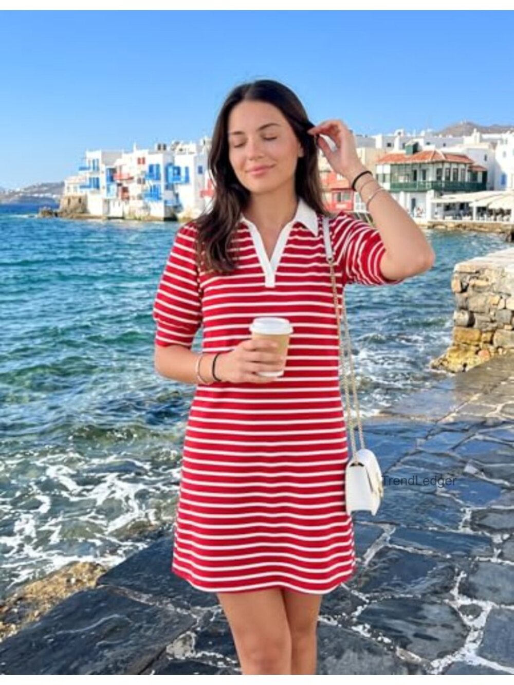 Ribbed Knit Striped V-Neck Mini Dress Puff Short Sleeve A-Line Casual - Picture 4 of 6